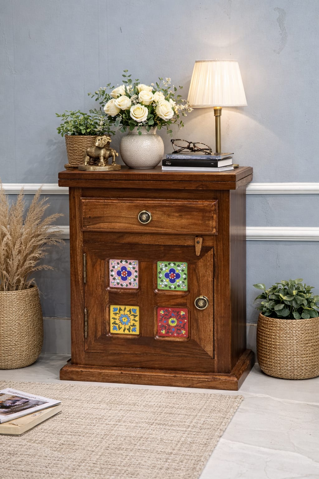 Handcrafted Solid Wood Bedside Table with Hand-Painted Tile Inlay | Rustic Vintage Side Table with Storage Cabinet