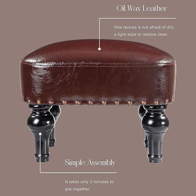 Leather Foot Rest with Thicker Foam Padded Seat, Footstool with Wooden Legs (Brown)