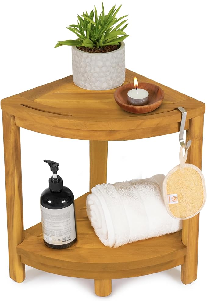 Teak Color Natural Solid Acacia Wood Corner Shower -Stool 12" x 12" x 17.2" - for Shower Corner, Shaving Legs, Guest Room