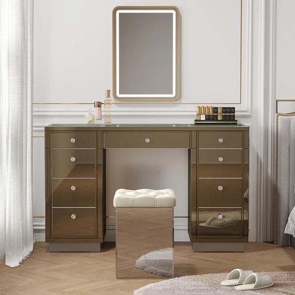 Oscar Mirrored Makeup Vanity Set 9-Drawer Dressing Table with Glass Top & Jewelry Storage with Desk and Stool Makeup Vanity Table
