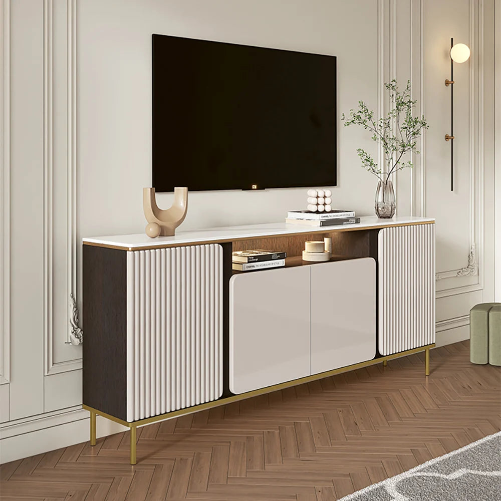 Modern Fluted TV Unit with Storage Cabinet & Shelves