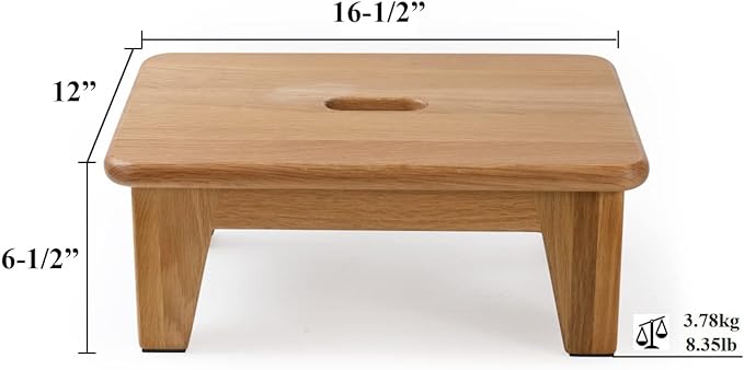 Grown Oak,Wooden Step Stool for Adults, Wood Step Stool for Seniors, 6.5" High Bed Stool, Non-Slip Mat, No Assembly Needed, Solid Wood, Natural Color