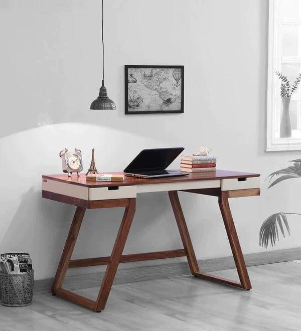 Rustic Study Table Solid Timber Veeti Solid Wood Study Table in White on Rustic Teak Finish