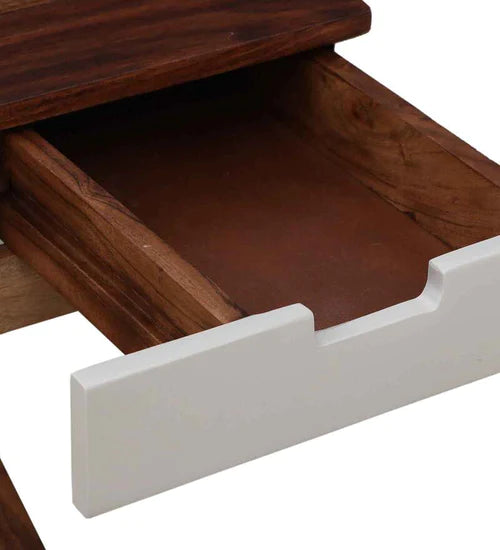 Merve Wood Study Table in White on Rustic Teak Finish