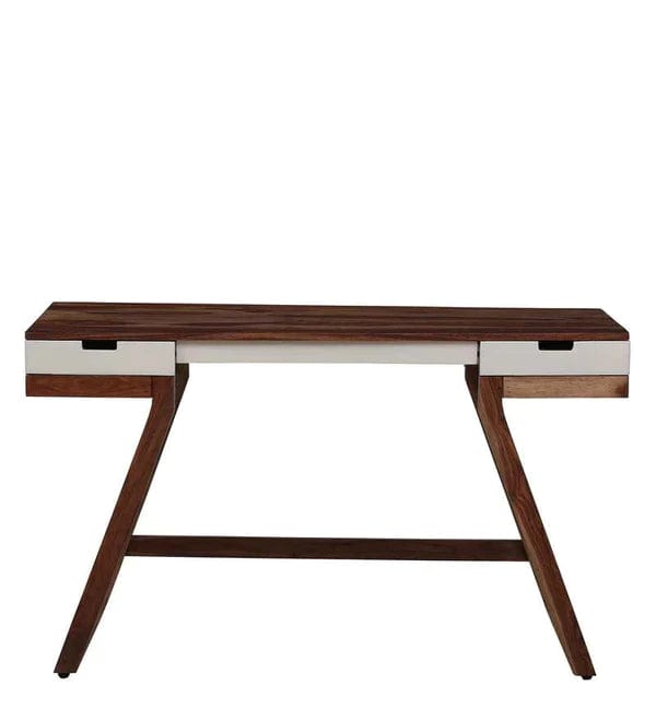 Veeti Solid Wood Study Table in White on Rustic Teak Finish