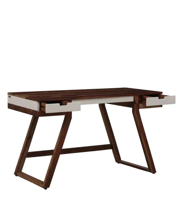 Veeti Solid Wood Study Table in White on Rustic Teak Finish