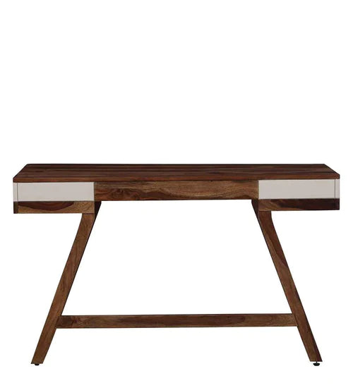 Merve Wood Study Table in White on Rustic Teak Finish