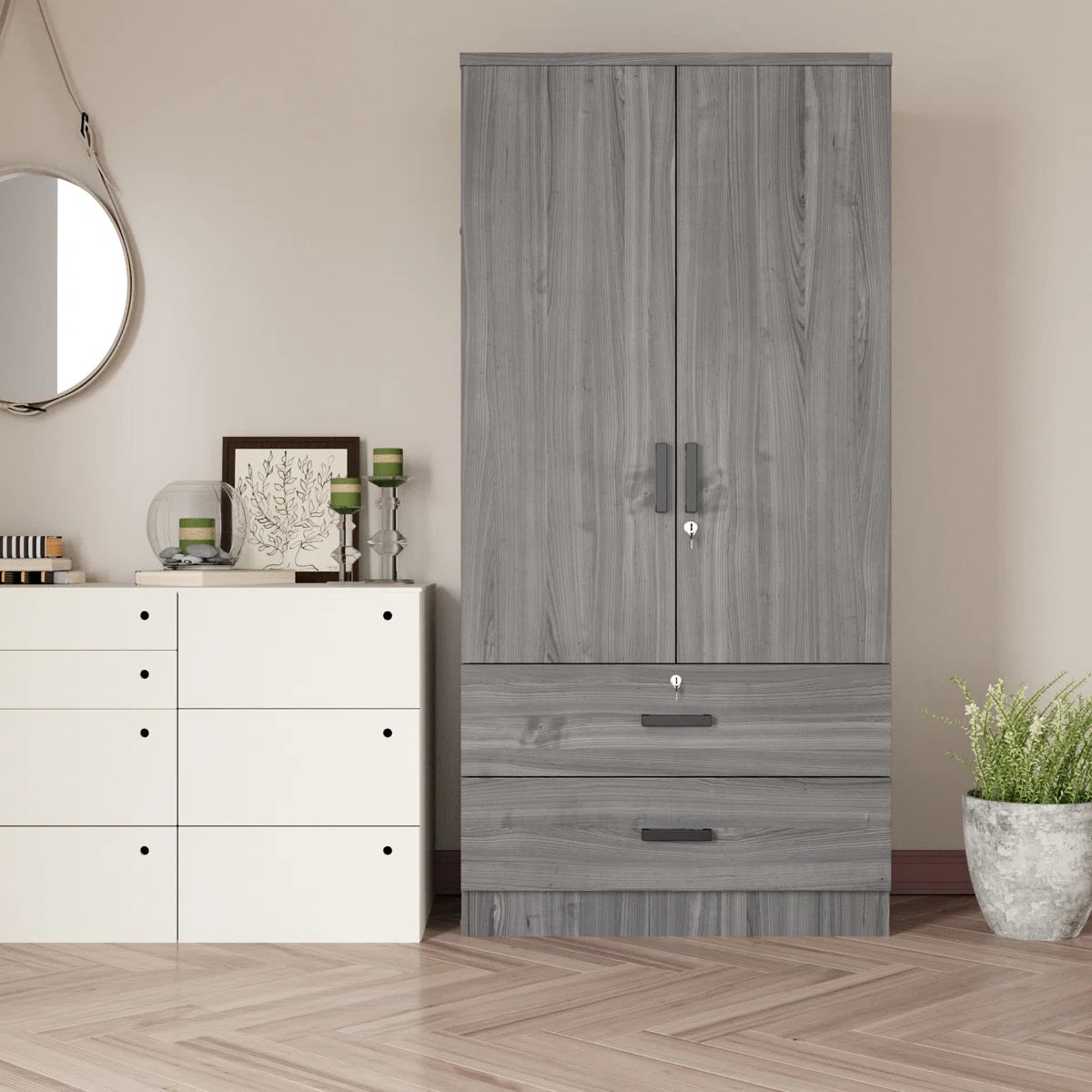 Stylish Scottie Armoire 2-Door Wardrobe with 2 Drawers for Bedroom
