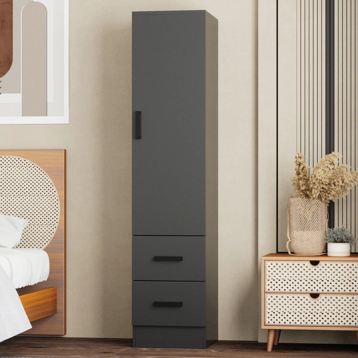 Wardrobe Armoire Closet 2 Drawers Solid Wood Reversible Door for Bedroom-OUCH CART | Wardrobe