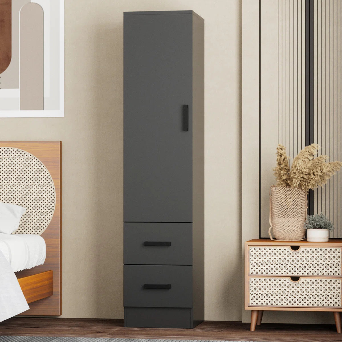 Wardrobe Armoire Closet 2 Drawers Solid Wood Reversible Door for Bedroom-OUCH CART | Wardrobe