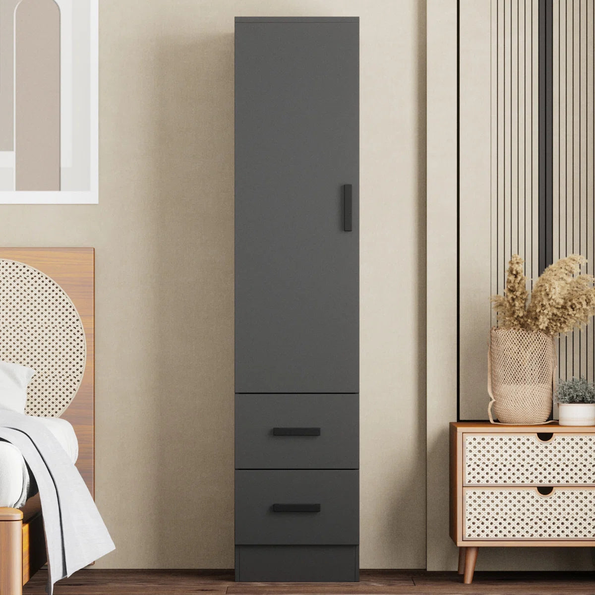 Wardrobe Armoire Closet 2 Drawers Solid Wood Reversible Door for Bedroom