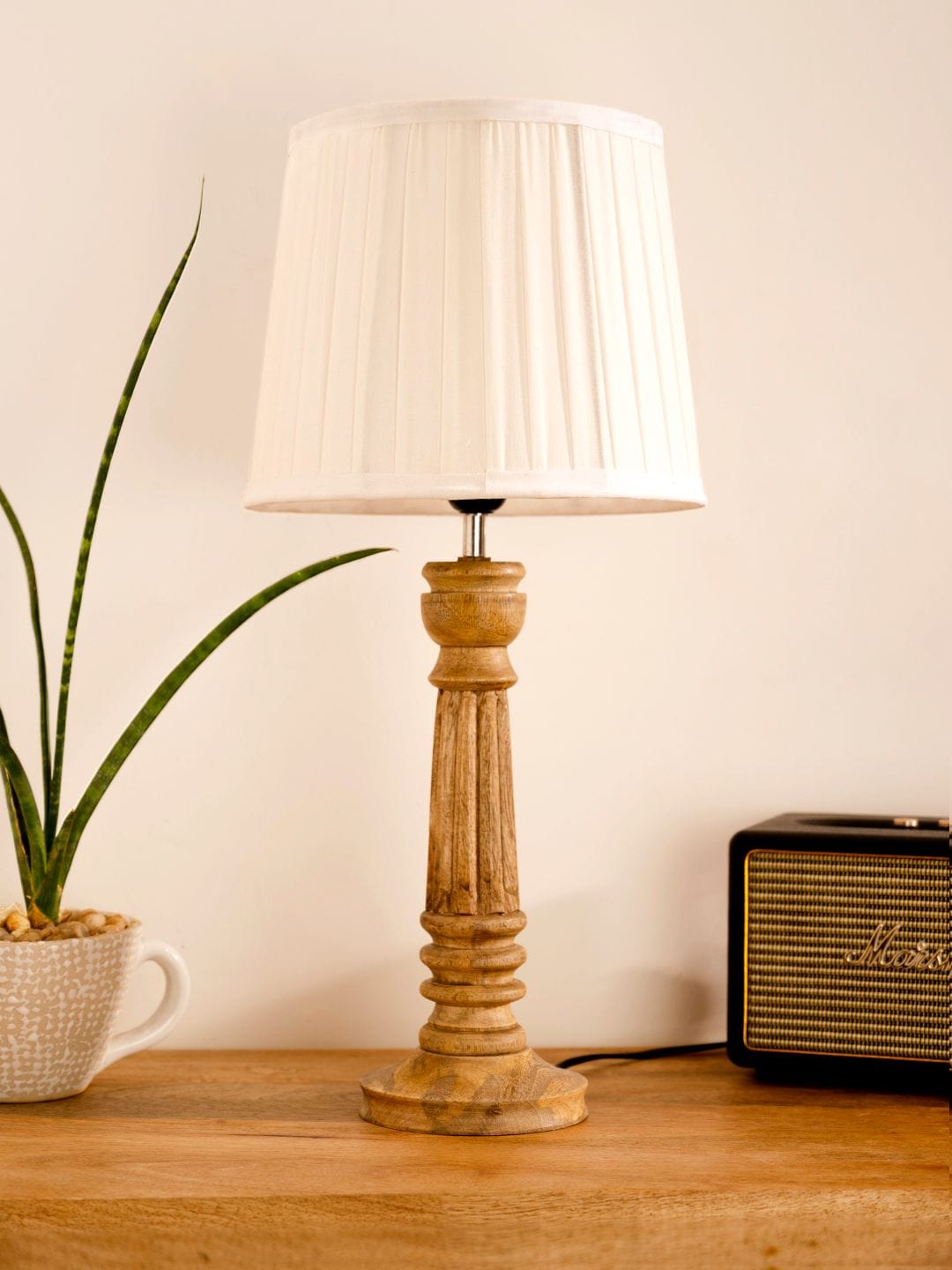Wooden Pillar Brown lamp with pleeted White Soft Shade