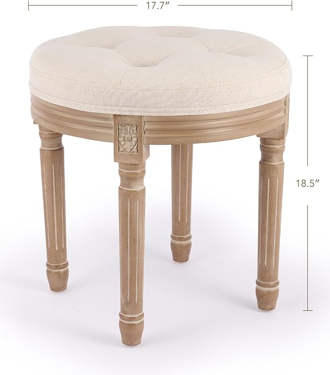 Vintage Round Brushed Wood Stool with Diamond Tufting, 18-Inch, Beige