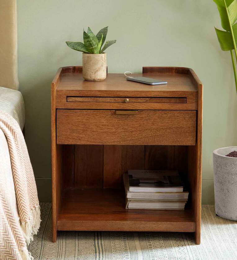 Solid Wood Night Stand With Drawer In Brown Colour