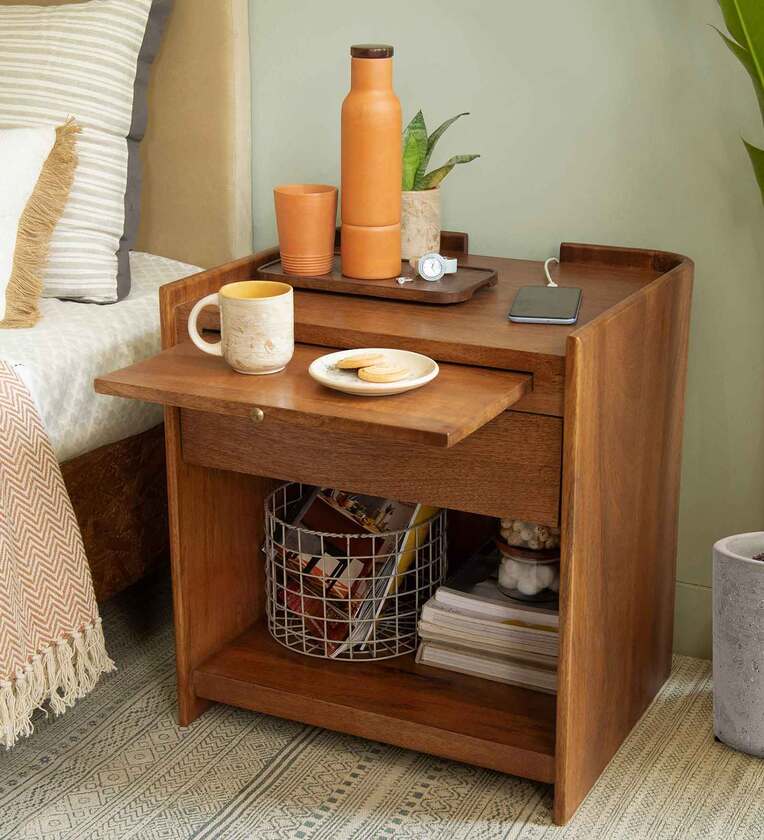 Solid Wood Night Stand With Drawer In Brown Colour