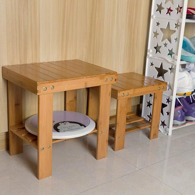 Shower Bench Stool, 10 inch Wooden Foot Step Stool for Bathroom Bedroom Kitchen Mudroom Foyer Entryway Shoe Bench