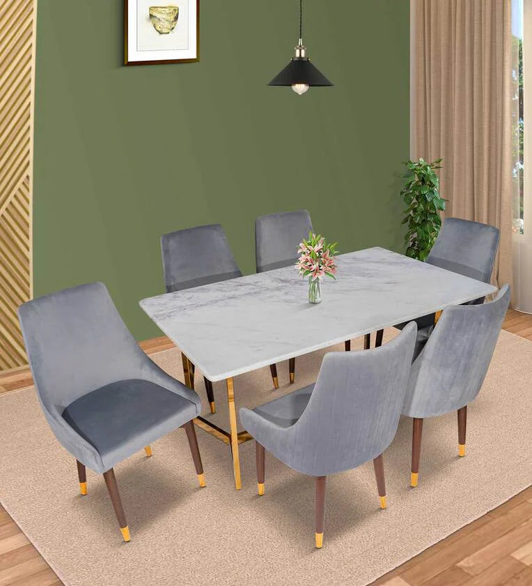 Mylo Marble 6 Seater Dining Set in Glossy Gold Finish