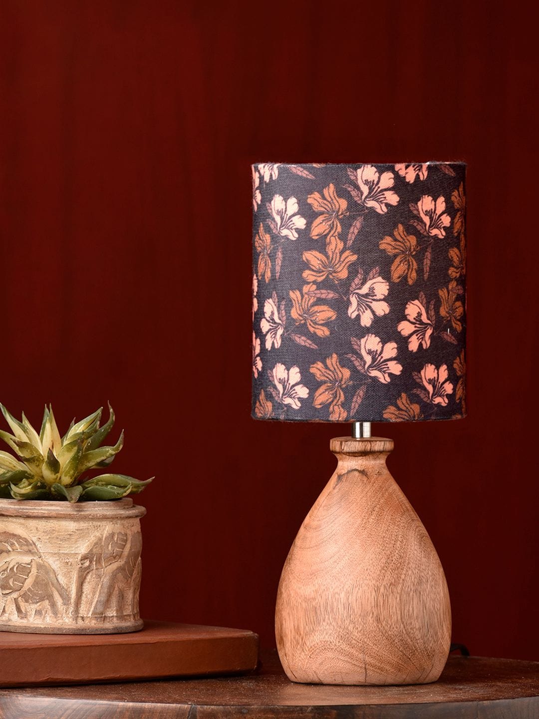 Wooden Dome Table Lamp Black Floral Shade