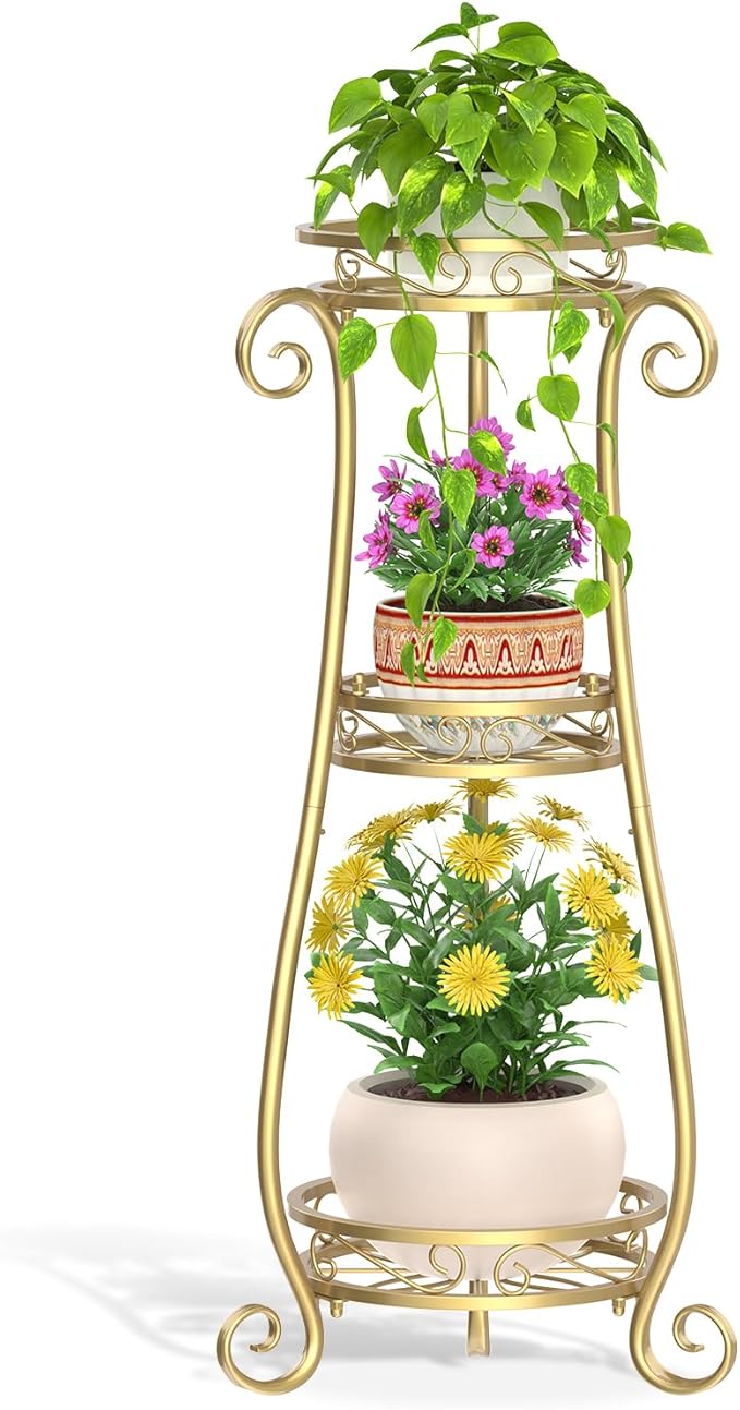 LASZOLA 3 Tier Black Metal Plant Stand for Multiple Large Planters Indoor Outdoor Organizer, Heavy Duty Tall Flower Stand for Corner Patio Bathroom Office, Modern Sturdy Vertical Iron Rack, Cat Proof-OUCH CART 