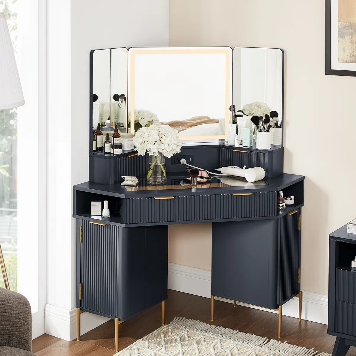48" Corner Vanity Table with 3 LED Mirrors and Storage Drawers