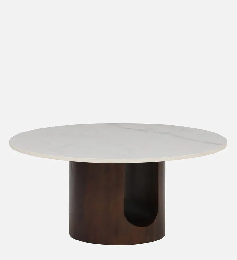 Solid Wood Round Coffee Table In Walnut Finish With Porcelain Top