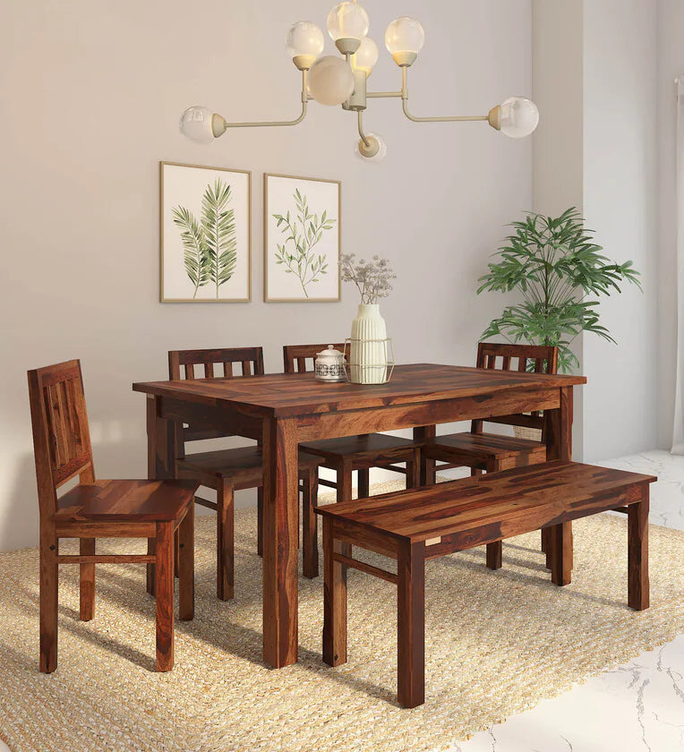 Sheesham Wood 6 Seater Dining Set In Provincial Teak Finish With Bench