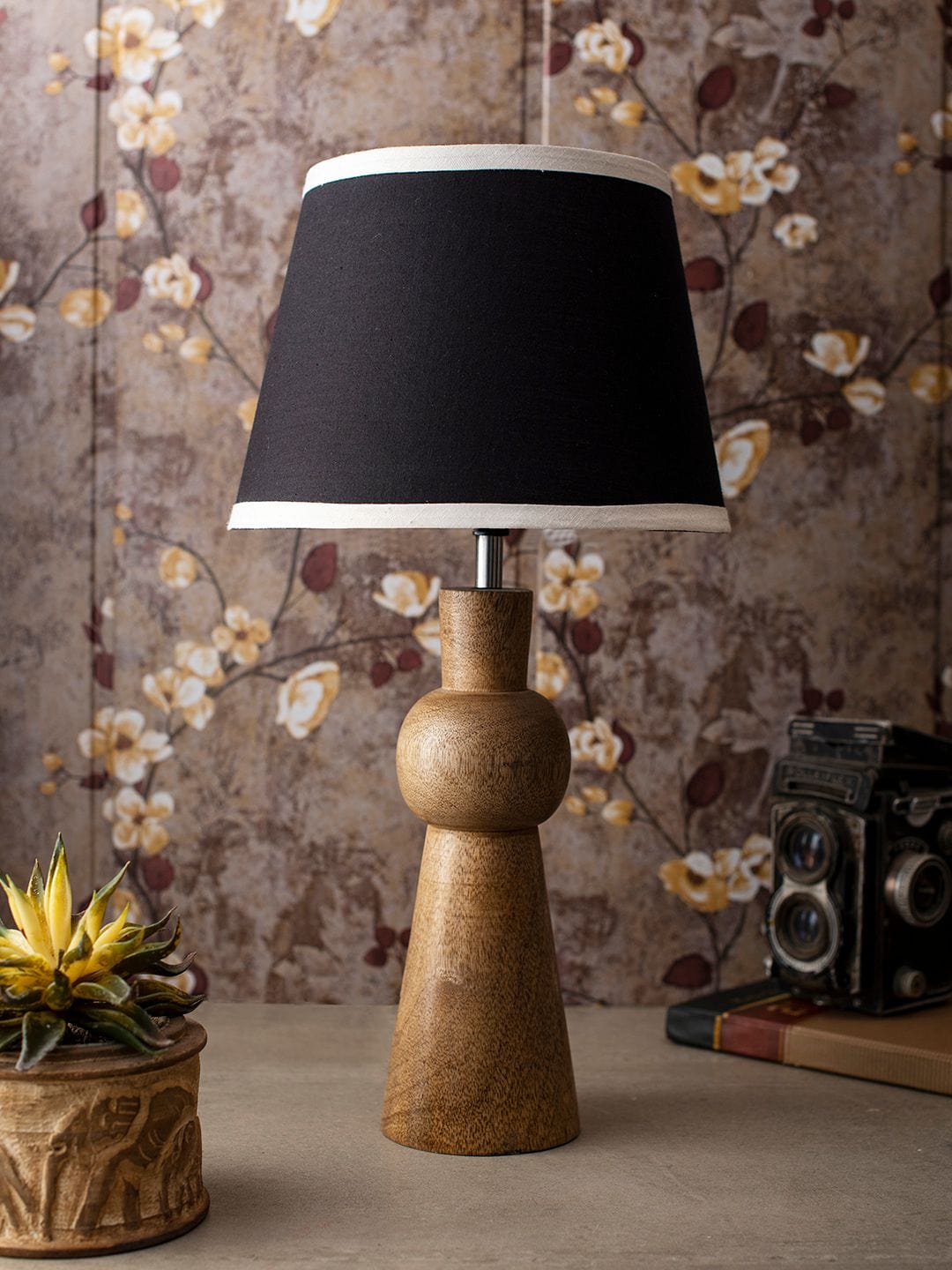 Wooden Skirt Lamp with White Black Shade