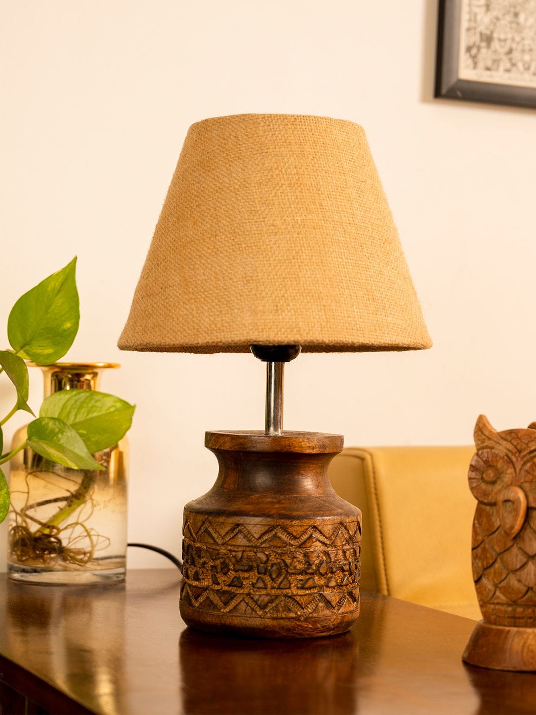 Wooden Carved Lamp with Taper Jute Brown Shade
