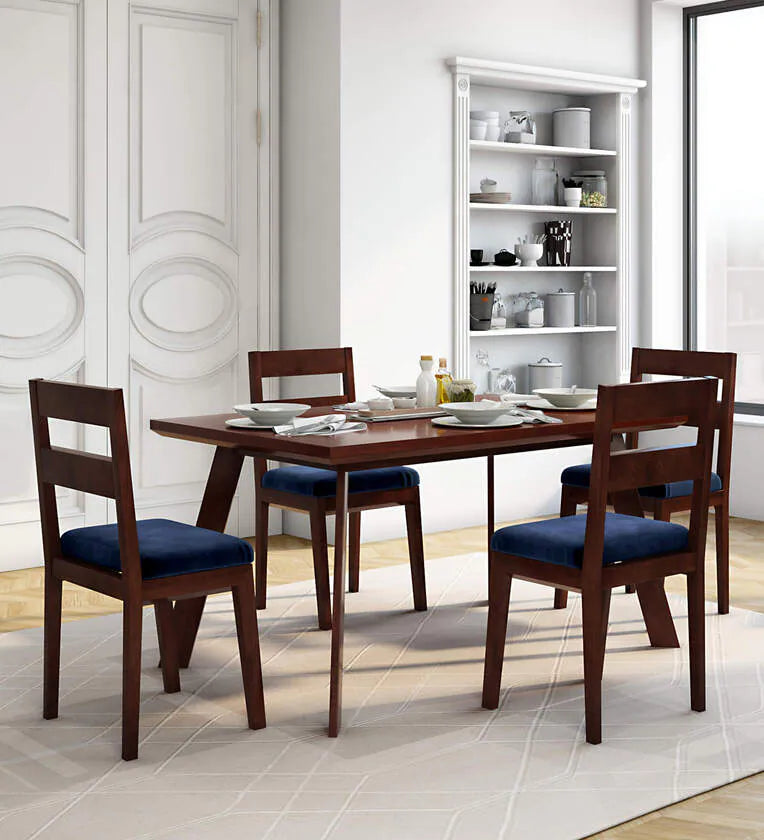 Solid Wood 4 Seater Dining Set in Brown & Blue Finish