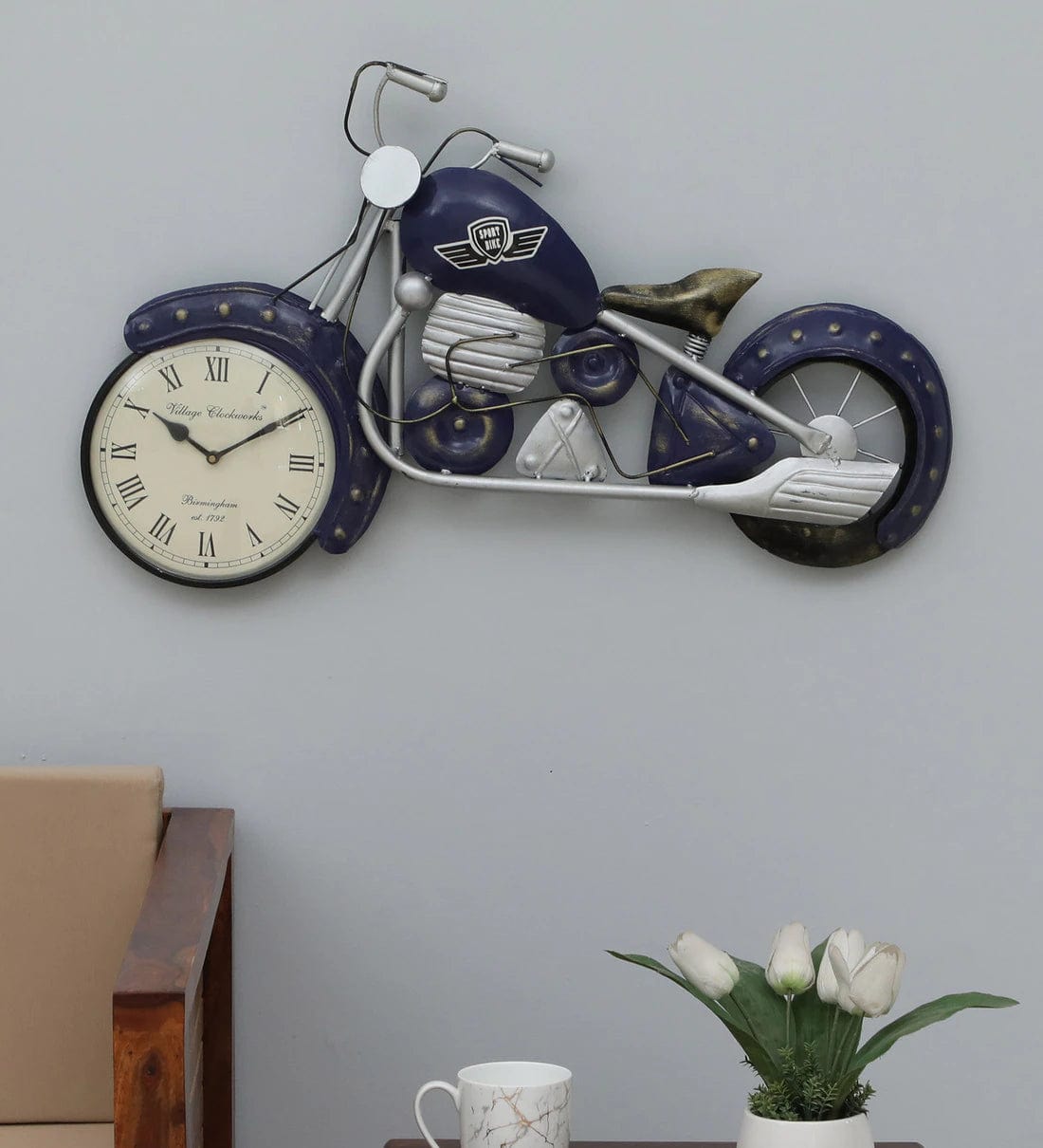 Handmade Blue Metal Bullet Bilke Wall Hanging Clock,