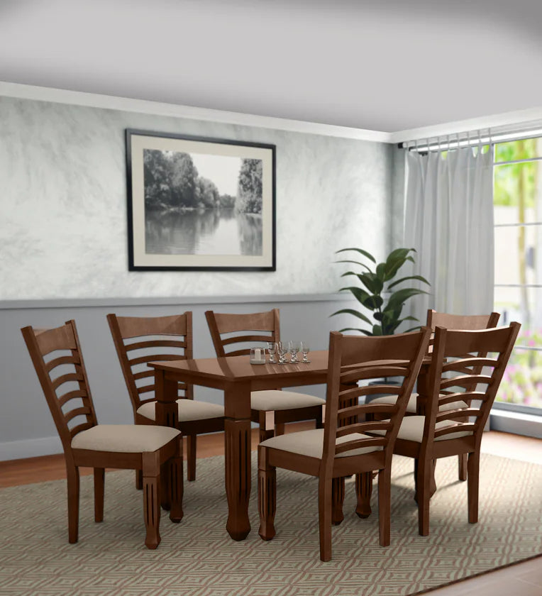 Solid Wood 6 Seater Dining Set in RT Medium Brown Finish