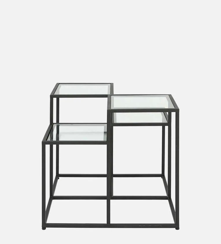 Square Metal Coffee Table In Black Colour With Glass Top