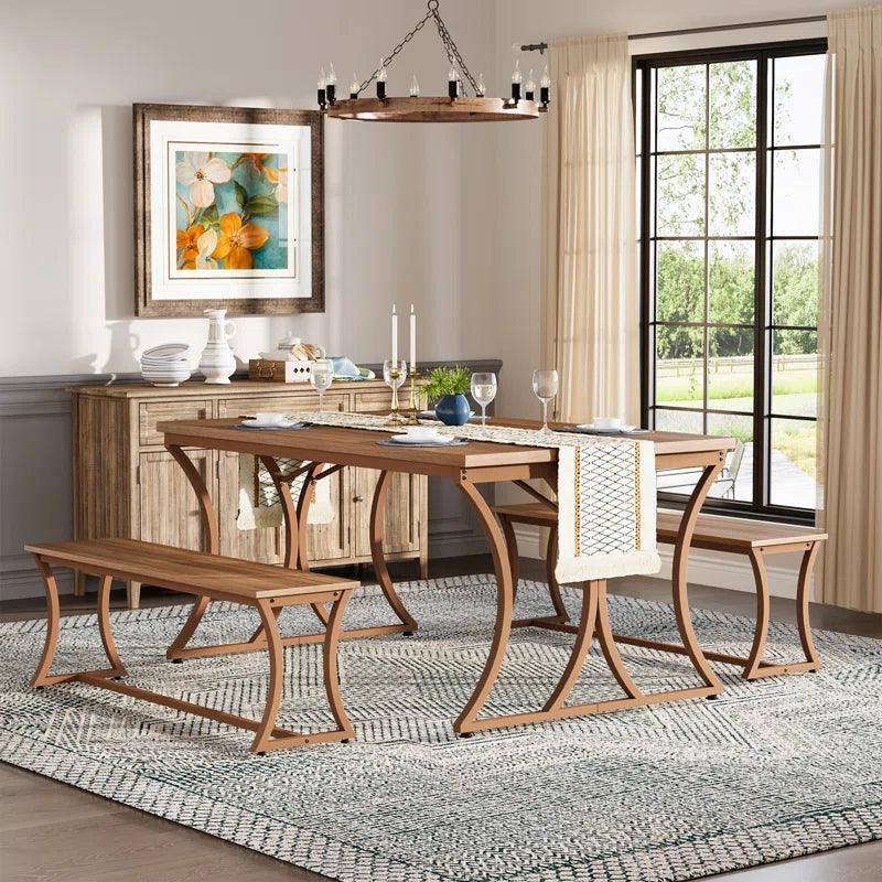 Table Set with 2 Benches and Table Runner for 4-6 People (Set of 3) - Ouch Cart 