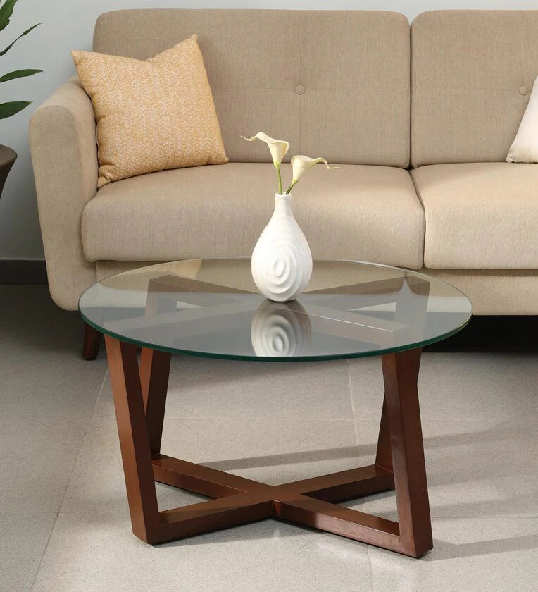 Glass Top Coffee Table in Natural Teak Wood Finish