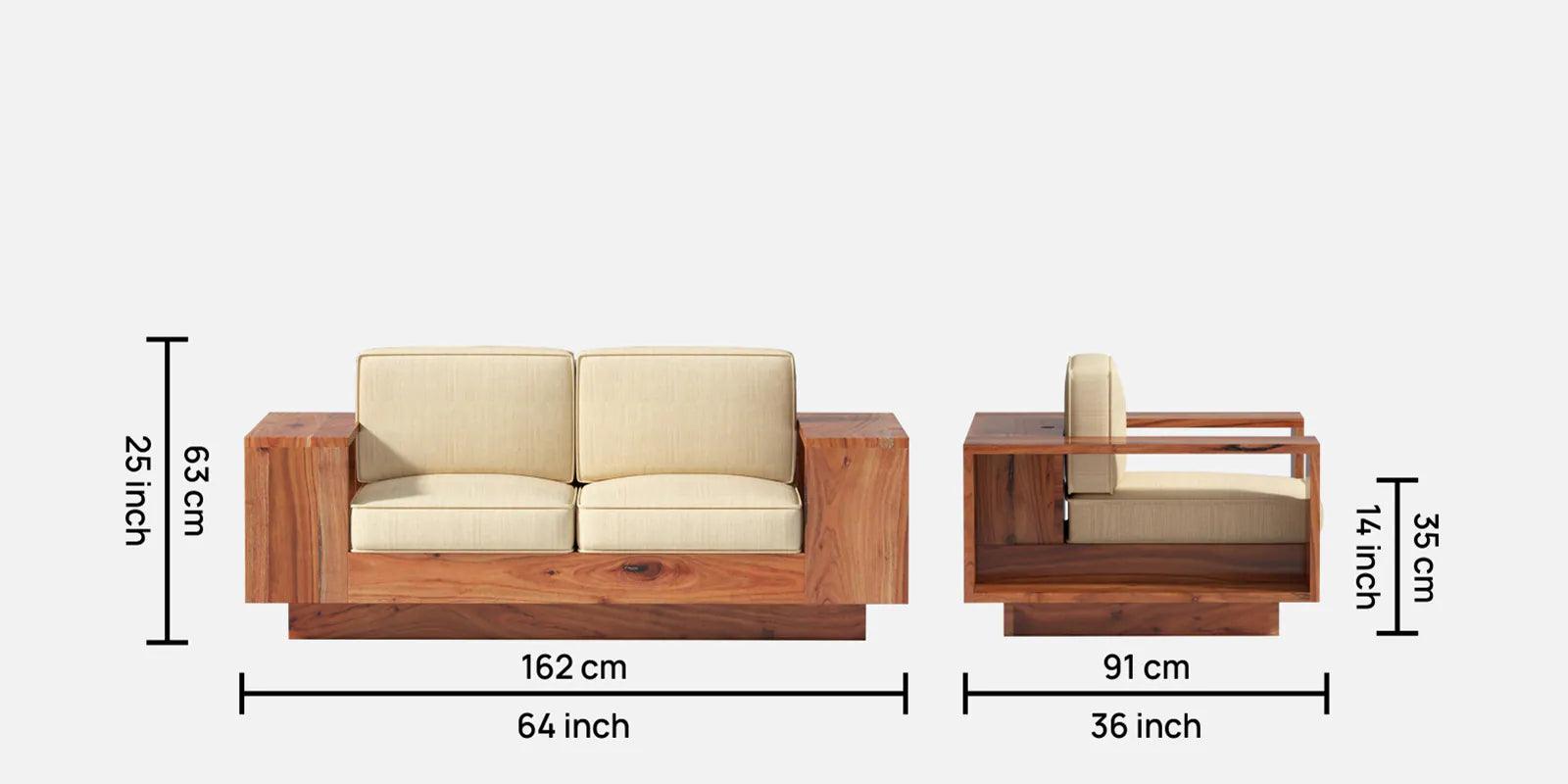 Solid Wood 2 Seater Sofa In Light Reddish Honey Finish