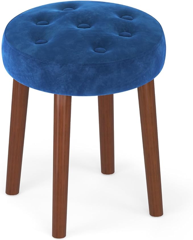 Round Makeup Vanity Stool Side Table, Vanity Chair Ottoman Rest Footstool Footrest Stool with Sturdy Wooden Legs for Makeup Room, Living Room, Bedroom-Blue