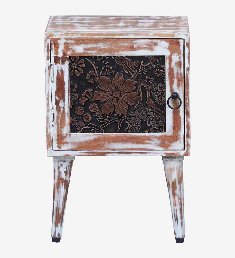 Solid Wood Bedside Table In White Distress Finish