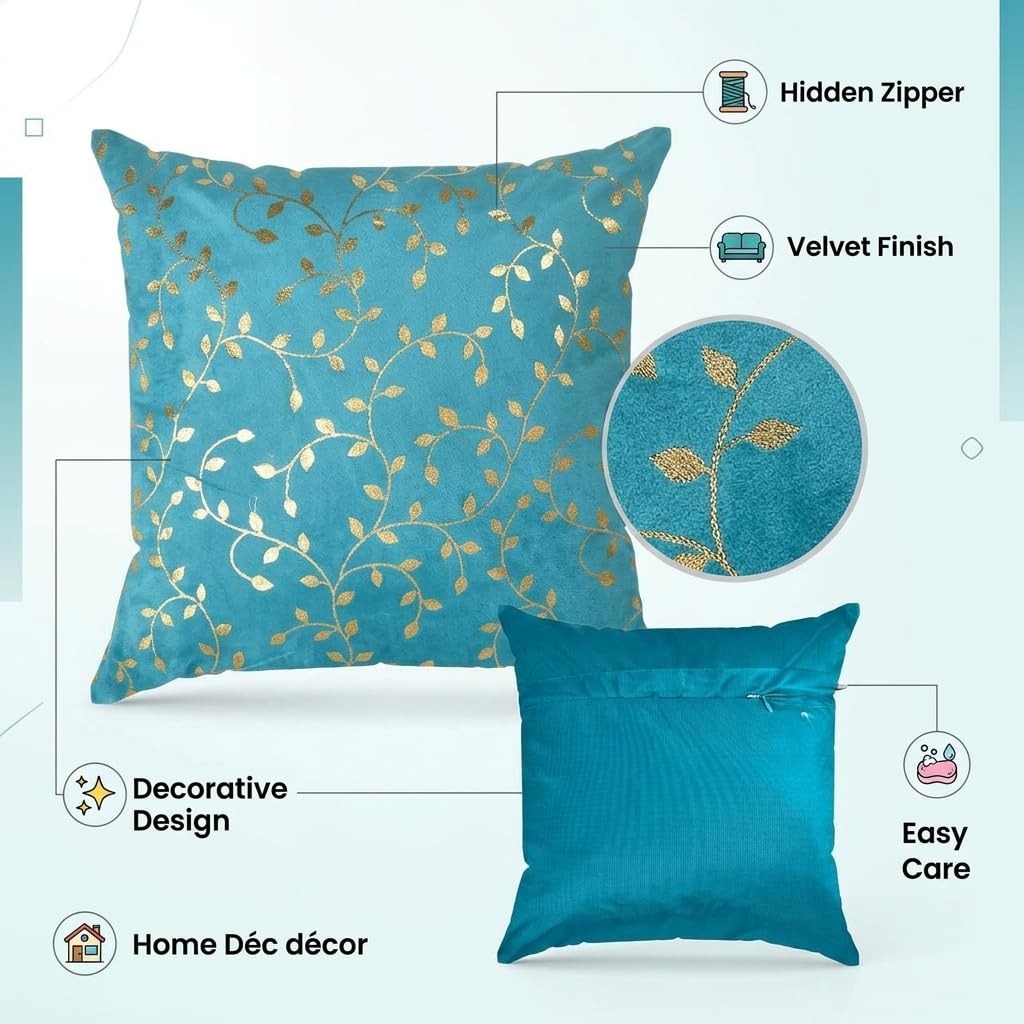 Blue Petal Velvet Cushion Covers 16 x 16 Inch for Sofa, Couch & Bed, Set of 5