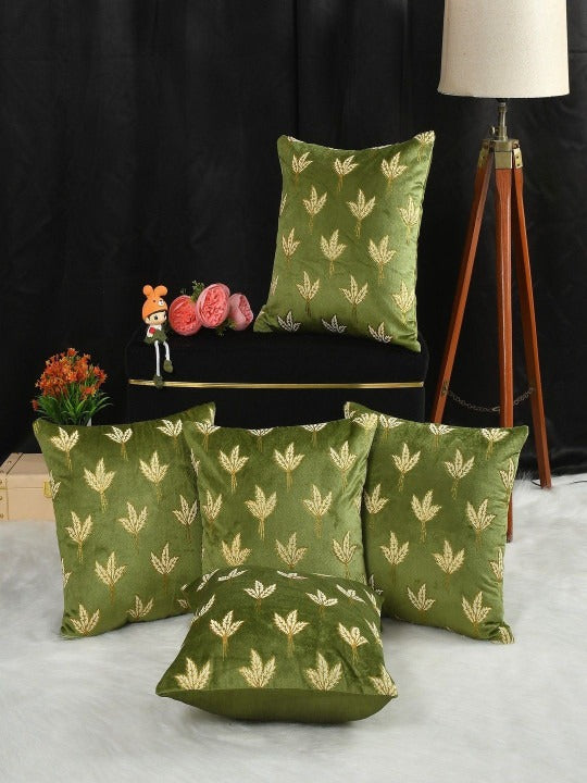 Lotus Floral Velvet Cushion Covers, 16 x 16 Inch, Green, Set of 5