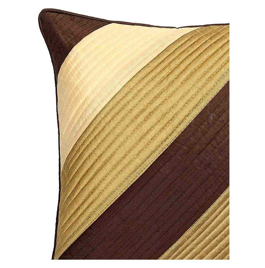 Classic Brown & Gold Silk Cushion Covers 16 x 16 Inch, Striped Design, Set of 5