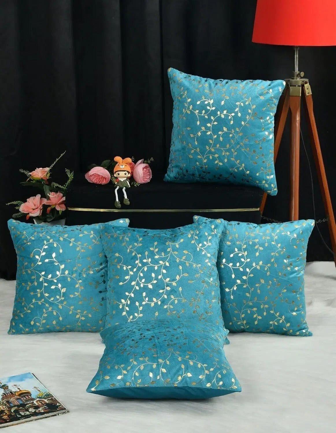 Blue Petal Velvet Cushion Covers 16 x 16 Inch for Sofa, Couch & Bed, Set of 5