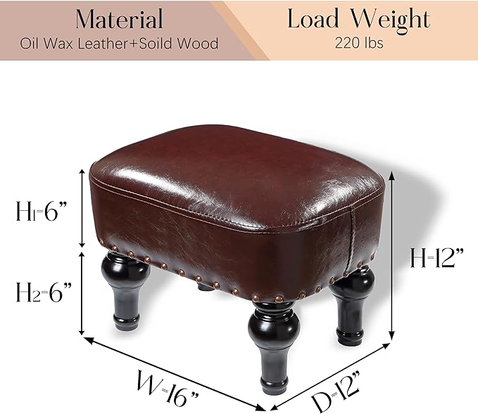 Leather Foot Rest with Thicker Foam Padded Seat, Footstool with Wooden Legs (Brown)