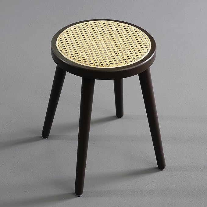 Rattan Stool, Small Rattan Stool, Handcrafted Wood Stool, Lightweight Stool, Hand-Woven Rattan, No Tool Assembly (Round, Brown)