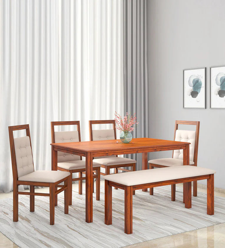 Solid Wood 4 Seater Dining Set In Honey Finish With Bench