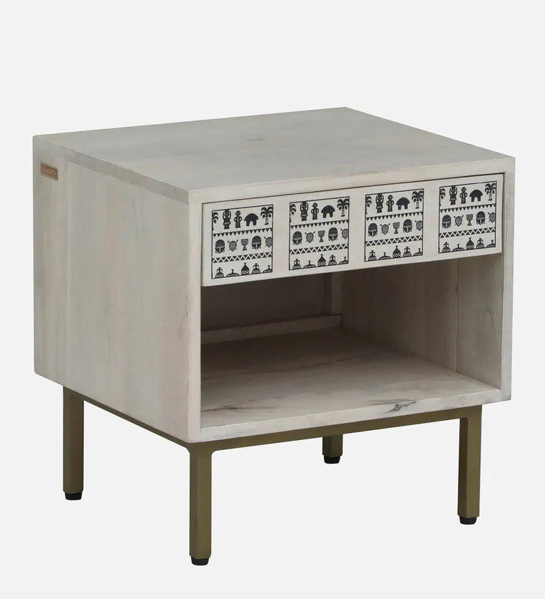 Solid Wood Bedside Table In Whitewash Finish With Drawer