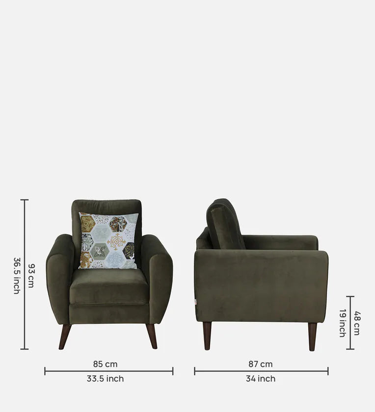 Velvet 1 Seater Sofa In Dark Olive Colour