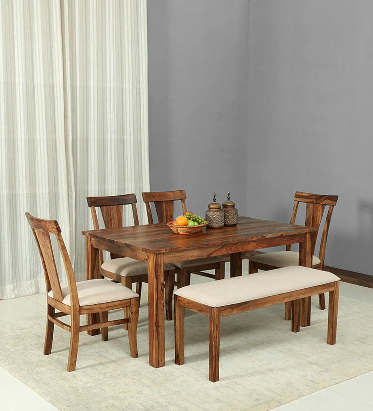 Sheesham Wood 6 Seater Dining Set In Rustic Teak Finish With Bench