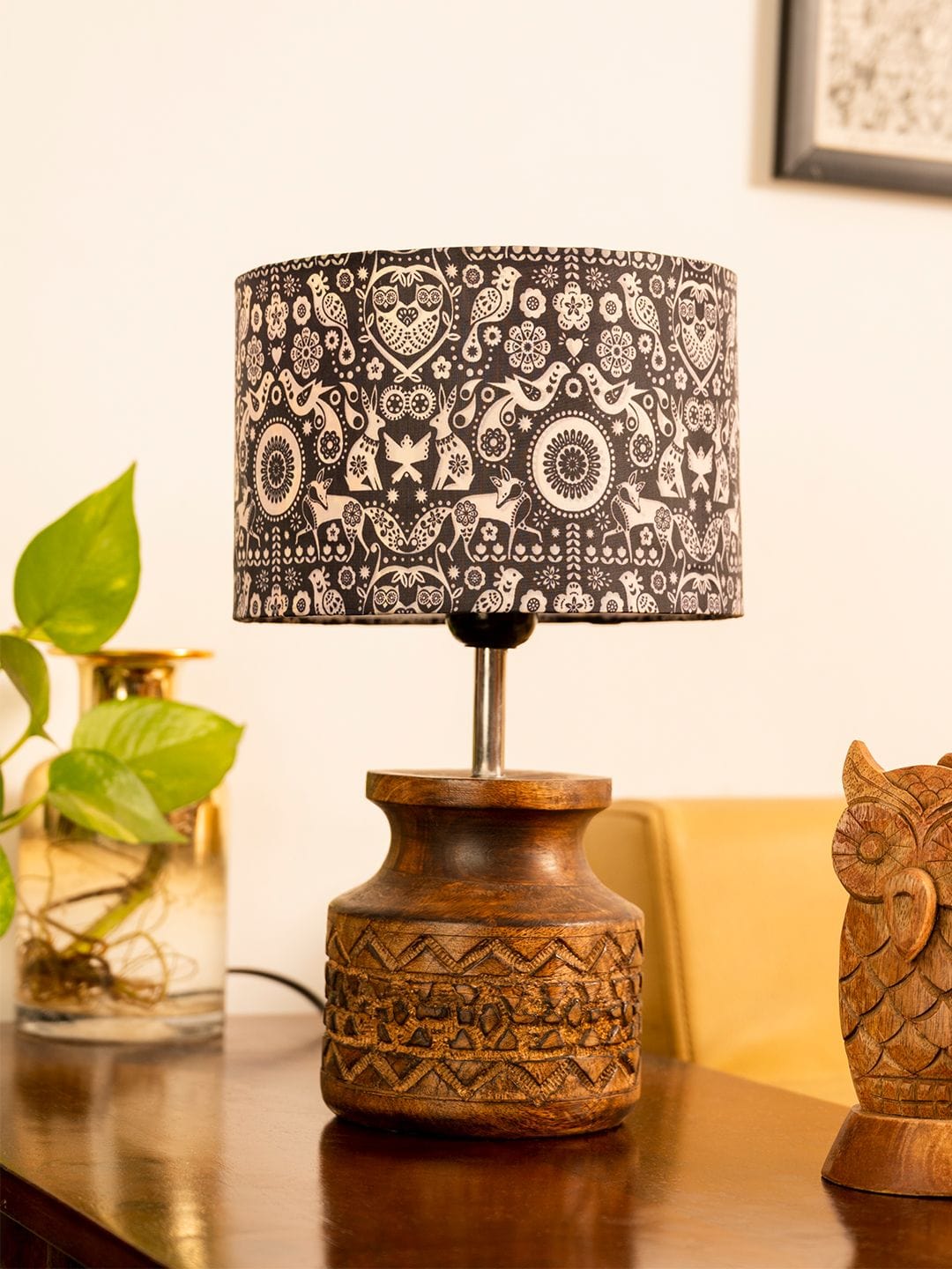 Wooden Carved Lamp with Indian Art Multicolor Shade