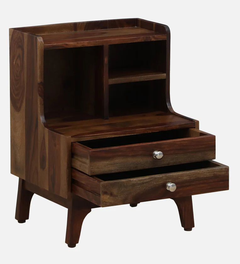 Sheesham Wood Bedside Table In Provincial Teak Finish With Drawers & Shelve