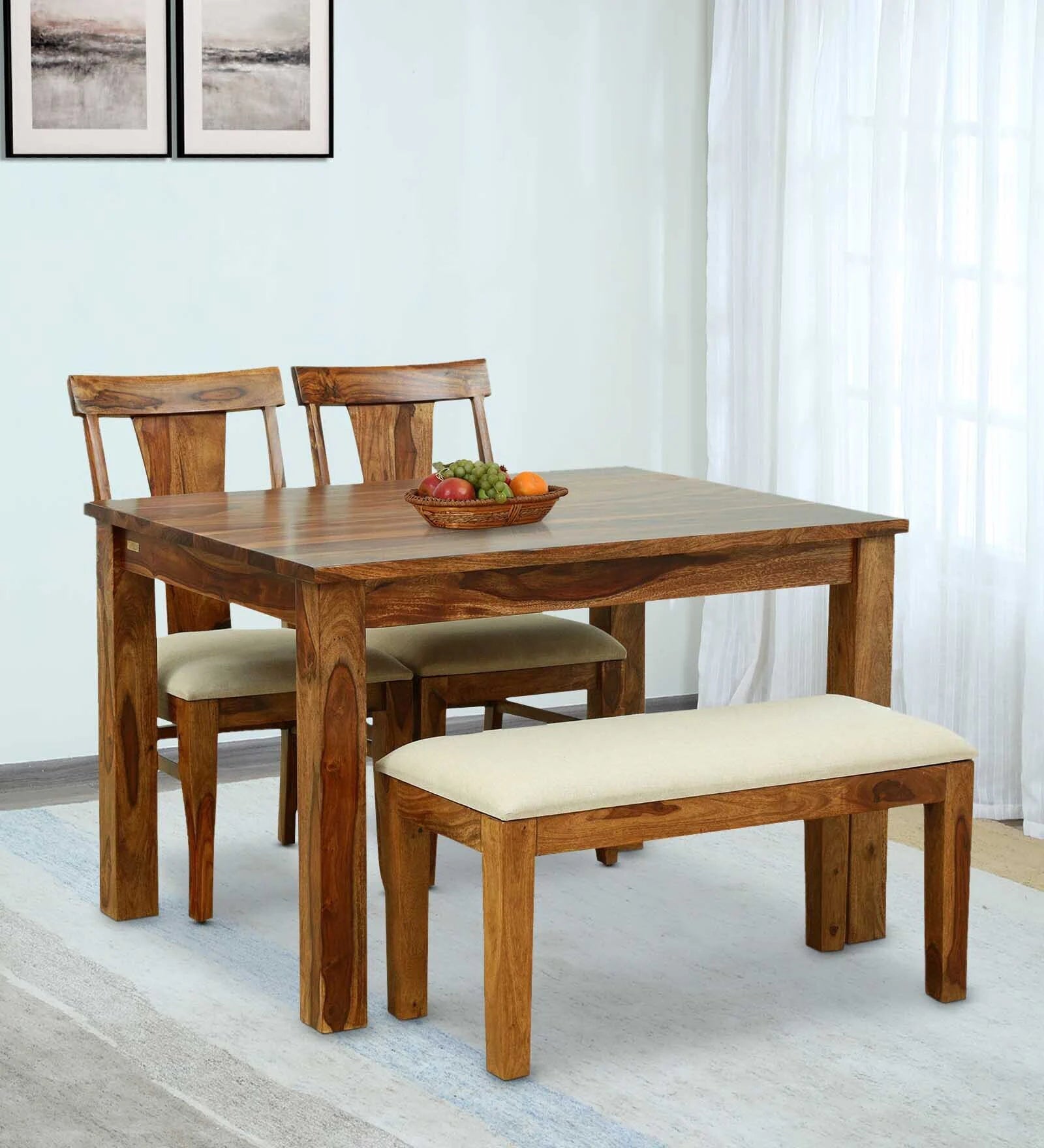 Sheesham Wood 4 Seater Dining Set In Rustic Teak Finish With Bench